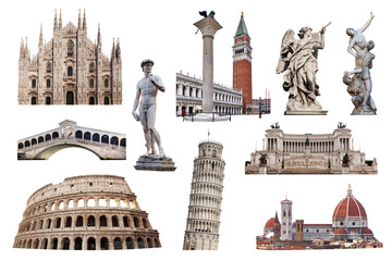 Collage of landmarks and symbols of Italy isolated on transparent white. Colosseum, Pisa Leaning tower, Venice Rialto Bridge, Campanile tower, Florence Cathedral, Milan Cathedral and Roman statues