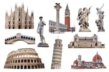 Collage of landmarks and symbols of Italy isolated on transparent white. Colosseum, Pisa Leaning tower, Venice Rialto Bridge, Campanile tower, Florence Cathedral, Milan Cathedral and Roman statues