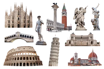  Collage of landmarks and symbols of Italy isolated on transparent white. Colosseum, Pisa Leaning tower, Venice Rialto Bridge, Campanile tower, Florence Cathedral, Milan Cathedral and Roman statues © Photocreo Bednarek