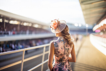 Young pretty woman in beautiful dress wearing fascinator at horse racing track.