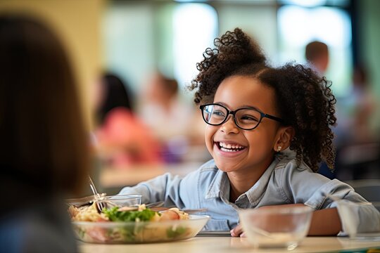 Happy and cheerful girl enjoying healthy food, showing childhood joy and nutritious eating habits.