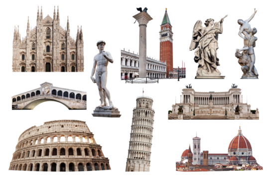Collage of landmarks and symbols of Italy isolated on transparent white. Colosseum, Pisa Leaning tower, Venice Rialto Bridge, Campanile tower, Florence Cathedral, Milan Cathedral and Roman statues