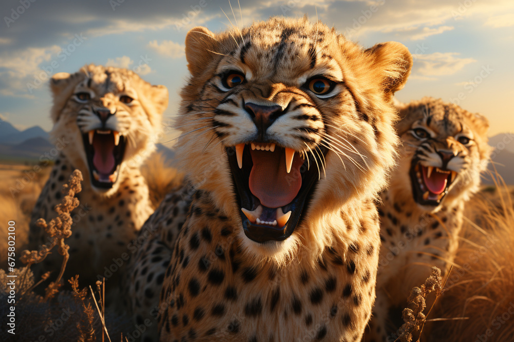 Aufkleber he playful interaction between a group of cheetah, showcasing their social dynamics and vigilant nat