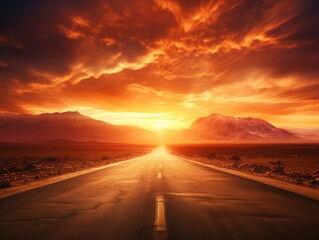 Fototapeta na wymiar Endless desert highway stretching into the horizon under a blazing sun.