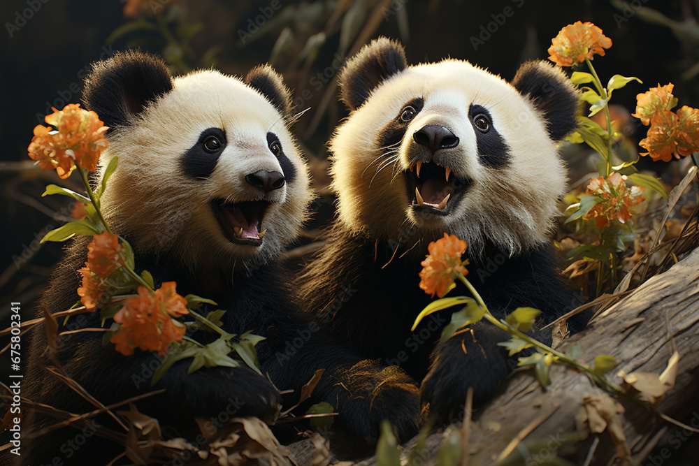 Aufkleber he playful interaction between a group of panda, showcasing their social dynamics and vigilant natur