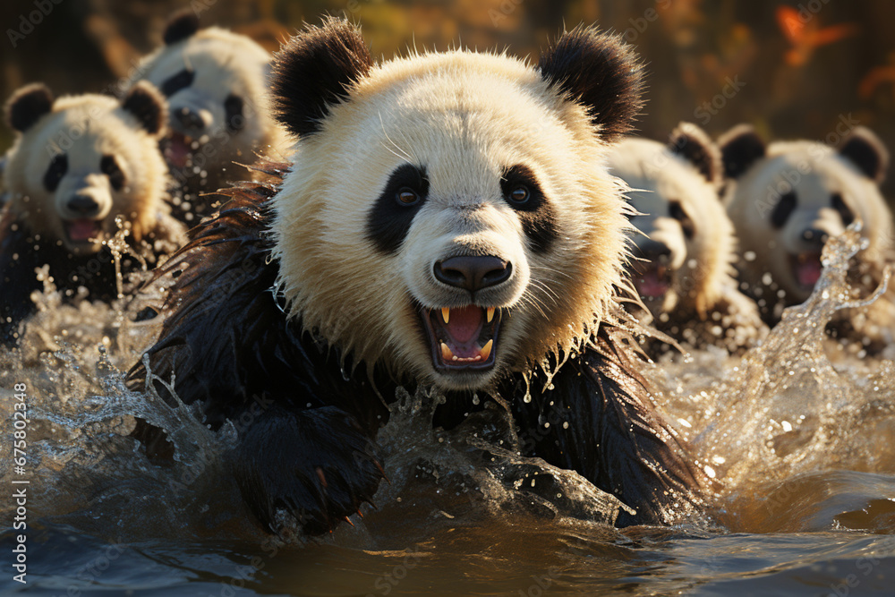 Poster he playful interaction between a group of panda, showcasing their social dynamics and vigilant natur