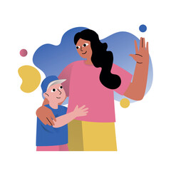 Mental health concept with people scene in the flat cartoon design. A young mother shows love for her son and thus shapes his psychological state. Vector illustration.