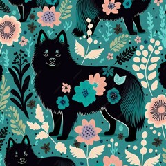 AI-generated illustration of black dog surrounded by flowers and leaves on teal background