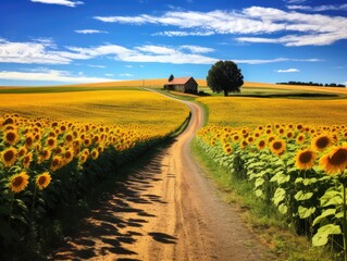 Country road flanked by endless fields of vibrant sunflowers.