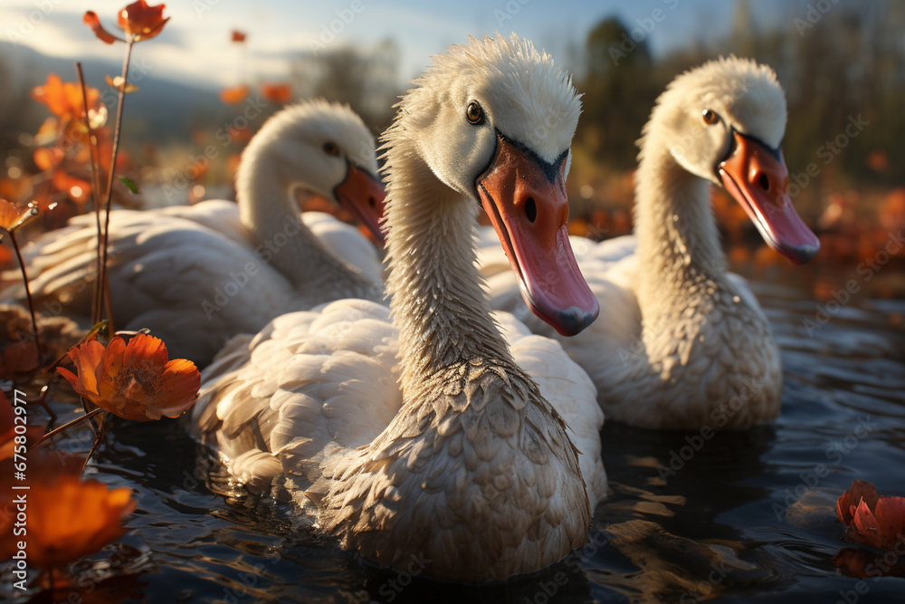 Poster playful interaction between a group of swan's, showcasing their social dynamics and vigilant nature.