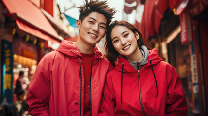 happy smiling Chinese couple wearing red clothing Chinese new year street
