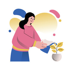 Mental health concept with people scene in the flat cartoon design. The woman is taking a break from work and decided to devote her time to plant care. Vector illustration.