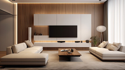 Fototapeta premium Modern Living Room Interior Design: A Minimalist Style Guide with TV