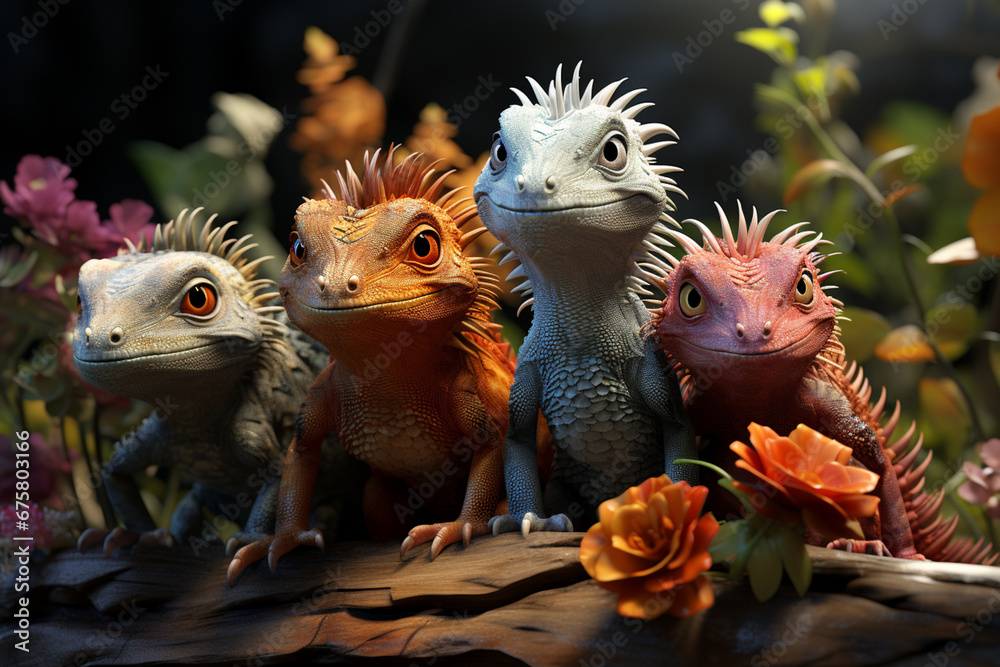 Poster playful interaction between a group of lizard's, showcasing their social dynamics and vigilant natur