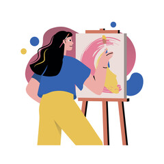 Mental health concept with people scene in the flat cartoon design. The girl is engaged in art therapy and paints a new picture. Vector illustration.