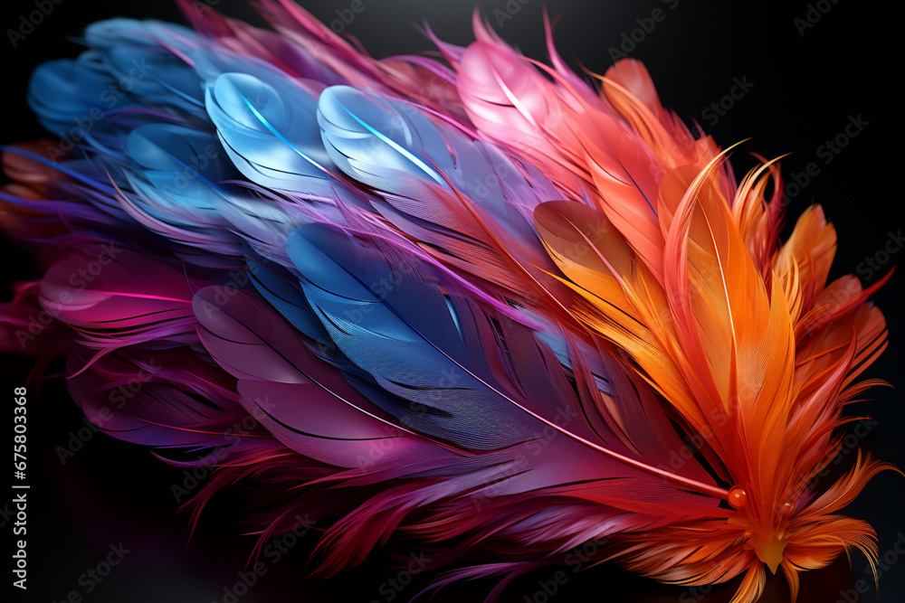 Poster bird feather neon colored light. beautiful background pattern texture for design.