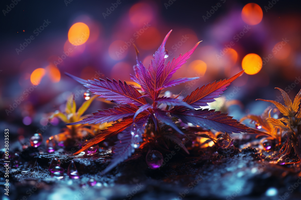 Aufkleber beautiful abstract illustrations cannabis leaf with lights on a bright bokeh background.