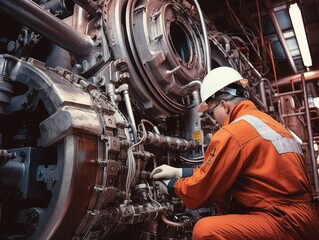 Fototapeta premium A worker in protective gear conducting routine maintenance on a massive piece of refinery machinery