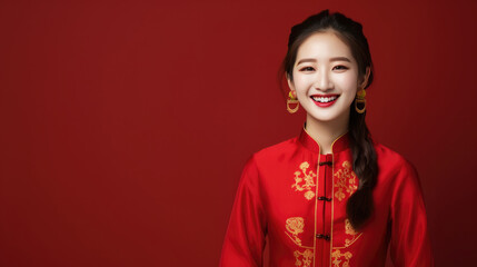 happy smiling vogue Chinese girl wearing red traditional clothing for Chinese new year