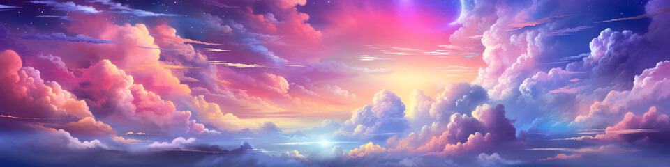 Fantasy cloudscape with stars and nebula. Colorful clouds sky background