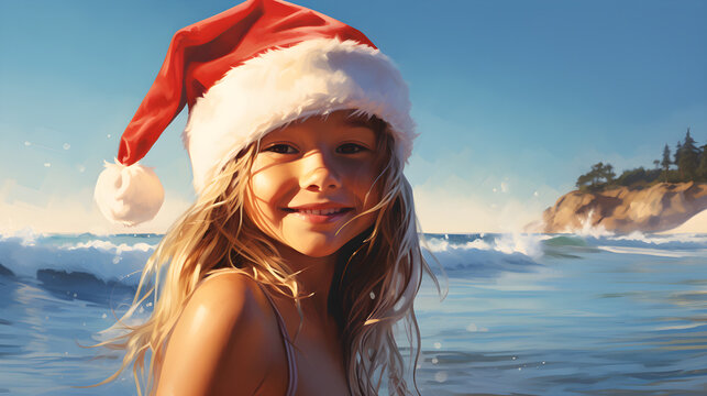 Smiling girl in santa claus hat on ocean beach	