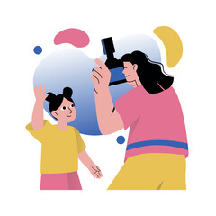 Mental health concept with people scene in the flat cartoon design. The woman is engaged in her favorite business - photography, and teaches her daughter to do it. Vector illustration.