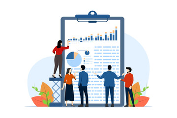 accounting or finance concept, data analysis, business plan and budget, analyst, accountant, economist, business team doing data analysis. flat vector illustration on white background.