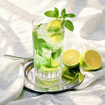 Glass of green lime mojito with mint on a white table