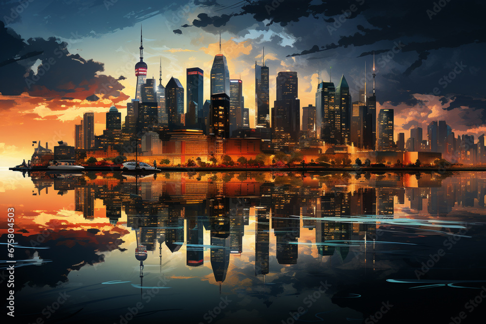 Poster an image of a bustling city's skyline at sunset, showcasing modern architecture and the dynamic ener