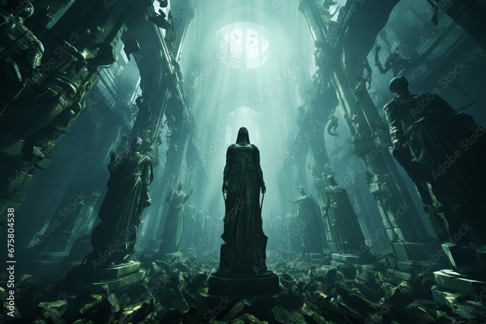 Aufkleber an image of statues or monuments standing in an underwater city, emphasizing the enigmatic juxtaposi