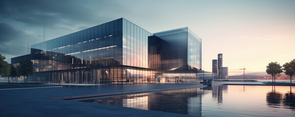 Sleek Office Elegance: 3D Render of Large Glass Facade Building