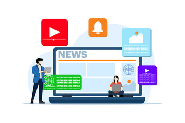 Online news mobile app concept, online news articles, news web page, online mass media on laptop screen, Internet bulletin. flat vector illustration on white background.