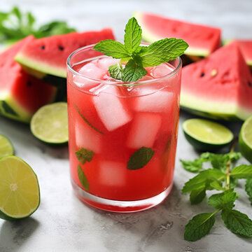 Glass of watermelon mojito with mint on a white table