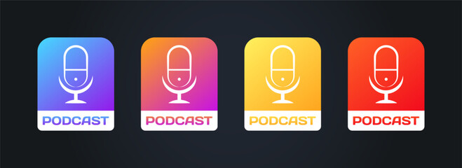 Podcast buttons. Flat, color, microphone icons, podcast buttons. Vector icons
