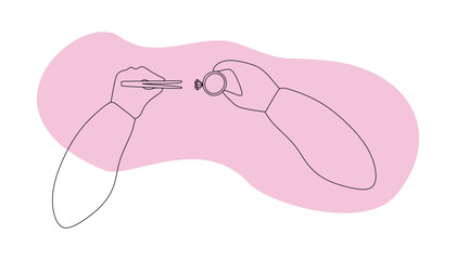 Outline Jeweler hands Holding Ring and tweezers. Jewelry making Vector Silhouette illustration. Line art style icon design with Pink background, Isolated Design art for Jewelers day poster, Card