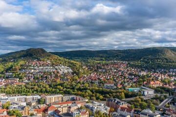 Fototapeta na wymiar Beautiful view at Jena in Thuringia on an autumnal October day, view from the JenTower