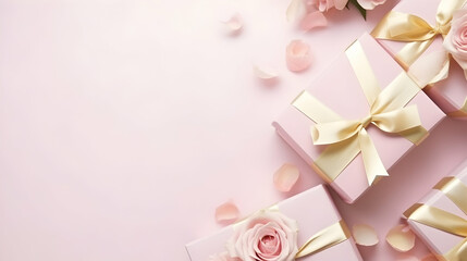 Elegant romantic gifts with roses on pastel pink backdrop