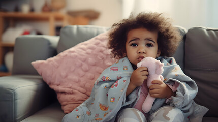 Curly-haired toddler wrapped in a blanket, being ill and sick, home health care - obrazy, fototapety, plakaty