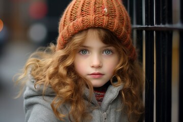 Portrait of a beautiful little girl in a warm hat and coat on the street