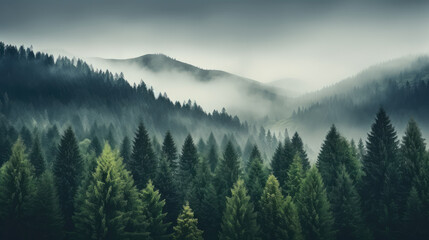 Obraz premium Cool toned misty valley overgrown with pine trees