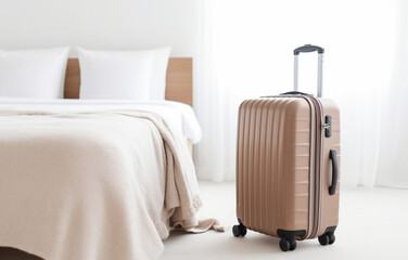 modern brown suitcase on white bed on white bedroom background