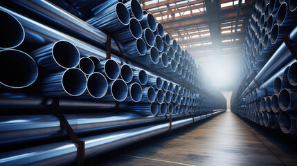 Some steel pipe raw materials are neatly stacked in the factory warehouse - obrazy, fototapety, plakaty