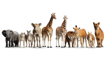 Some animals are neatly lined up in front of a white background
