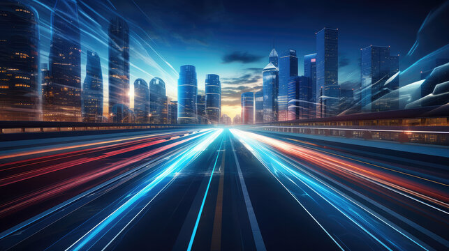 Lines of light trails left by cars passing by on the roads of modern large cities