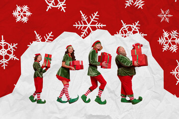 Creative 3d photo artwork graphics collage painting of smiling funky x-mas elves delivering...