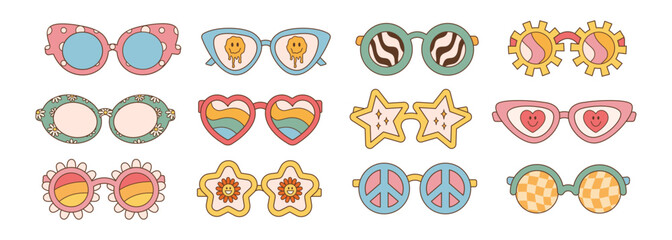 Sunglasses big set in retro groovy hippie style. Different forms. Vector illustration 60s 70s