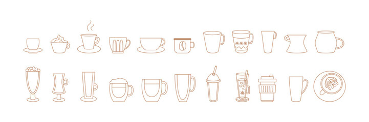 Linear coffee cups and mugs. Line art set. Icon, logo, emblem, sticker. Doodle drawings. Coffee house.