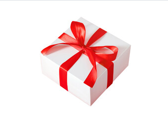 white gift box with a red bow on a white background