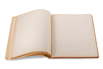 Antique open notebook with squares on old pages, isolated
