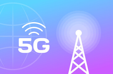 5G signal icon. Flat, purple, communication tower, 5G internet icon. Vector icon